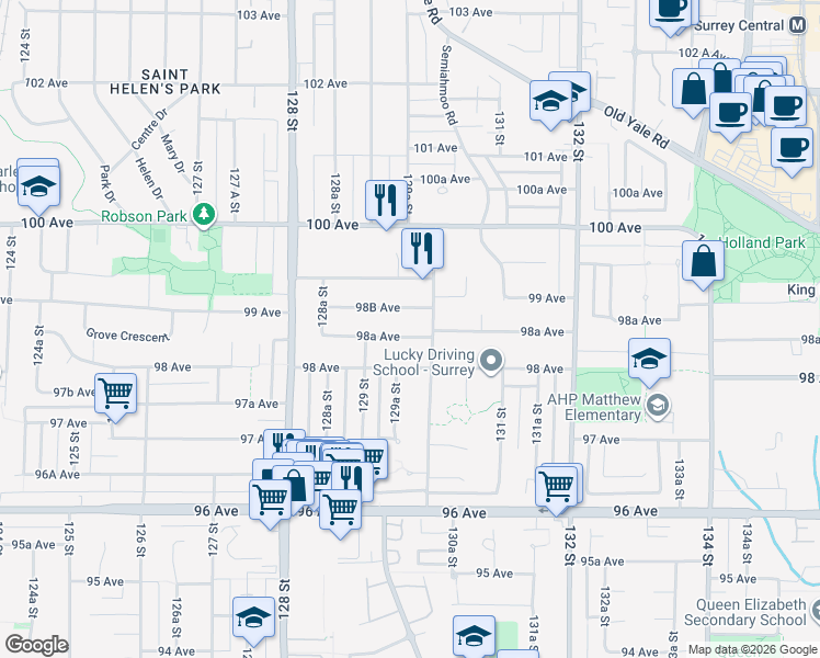 map of restaurants, bars, coffee shops, grocery stores, and more near 12967 98A Avenue in Surrey