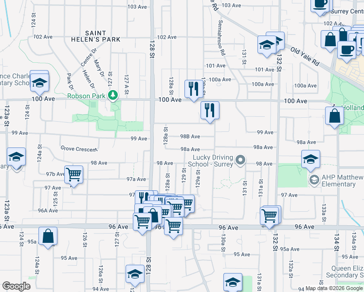 map of restaurants, bars, coffee shops, grocery stores, and more near 12895 98A Avenue in Surrey