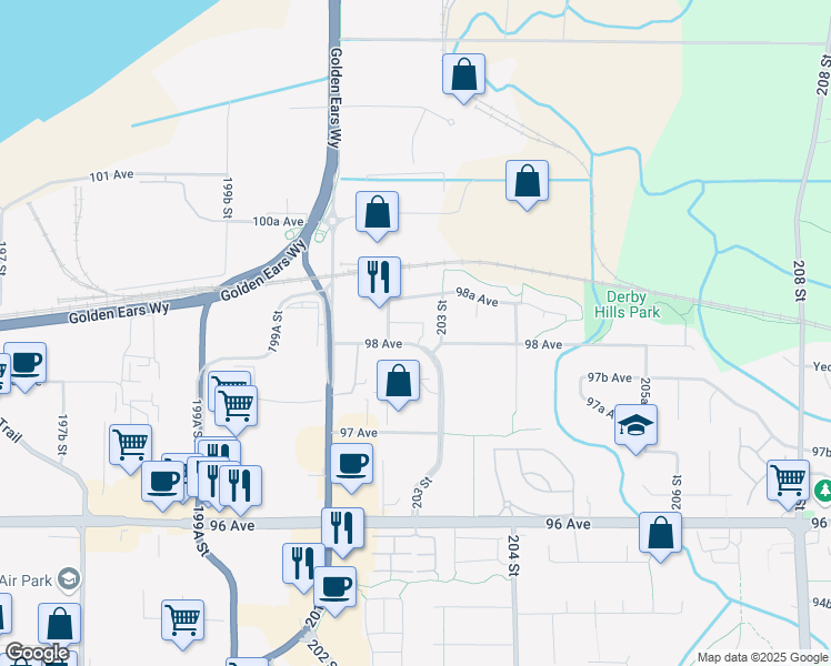 map of restaurants, bars, coffee shops, grocery stores, and more near in Langley Township