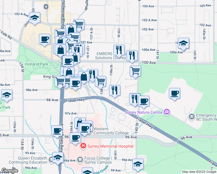 map of restaurants, bars, coffee shops, grocery stores, and more near in Surrey