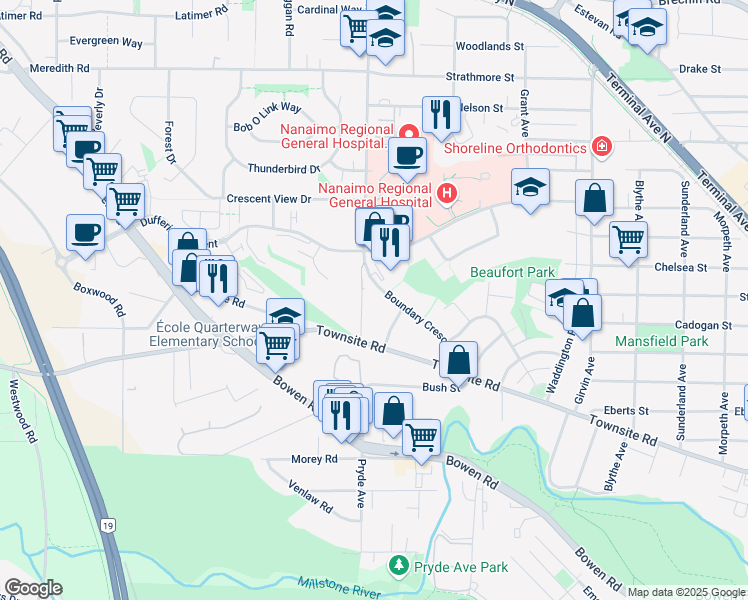 map of restaurants, bars, coffee shops, grocery stores, and more near 1527 Boundary Crescent in Nanaimo