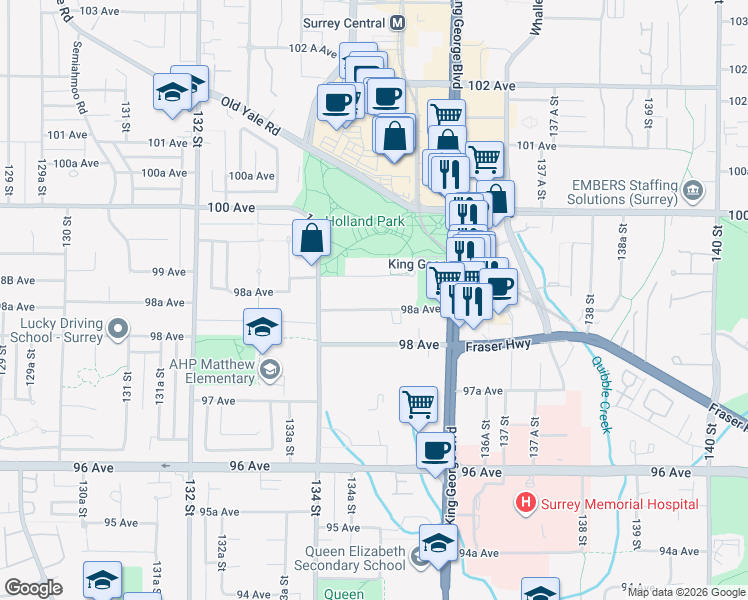 map of restaurants, bars, coffee shops, grocery stores, and more near 13479 98A Avenue in Surrey