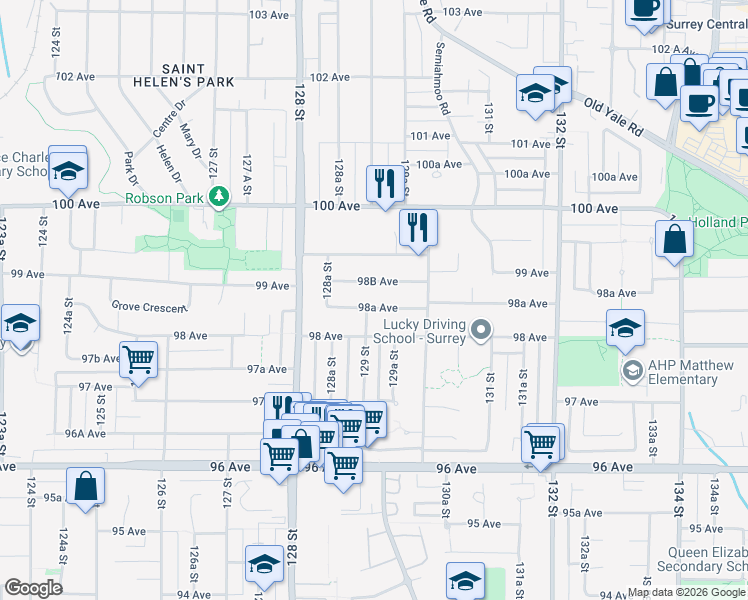 map of restaurants, bars, coffee shops, grocery stores, and more near 12919 98A Avenue in Surrey