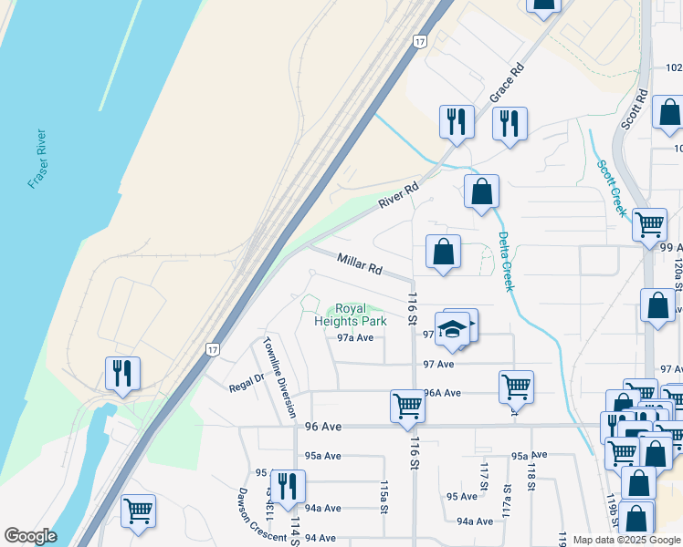 map of restaurants, bars, coffee shops, grocery stores, and more near 11473 Royal Crescent in Surrey