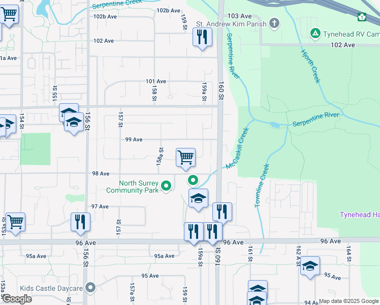 map of restaurants, bars, coffee shops, grocery stores, and more near 15923 98A Avenue in Surrey