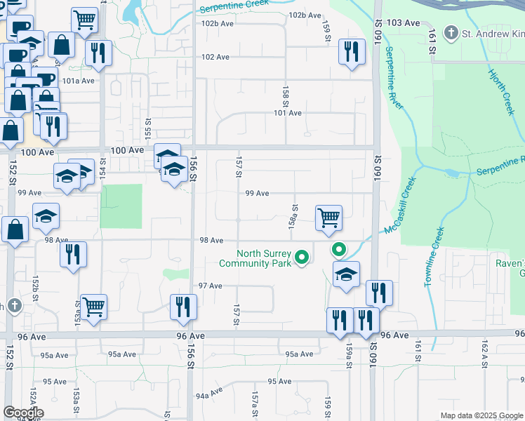 map of restaurants, bars, coffee shops, grocery stores, and more near 15751 98A Avenue in Surrey