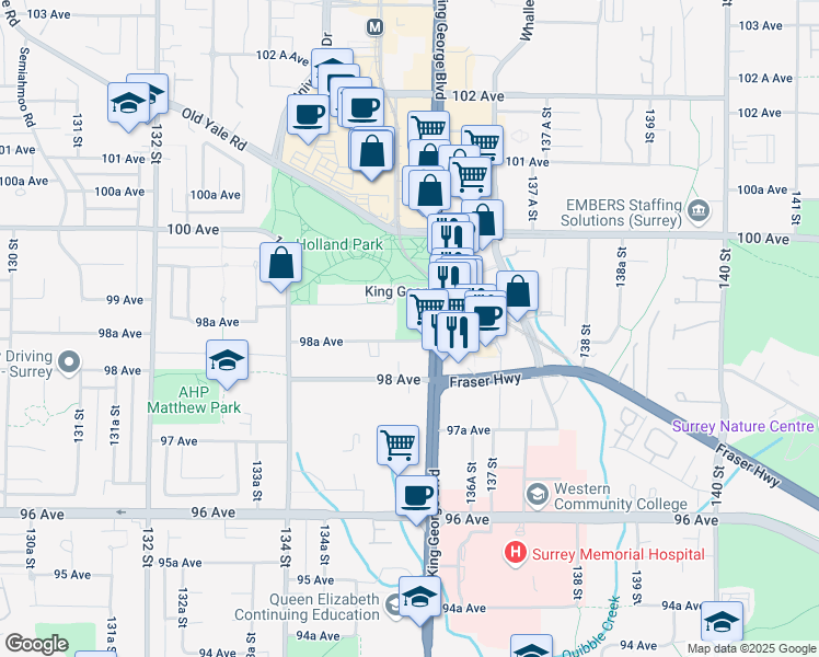 map of restaurants, bars, coffee shops, grocery stores, and more near 13530 135A Street in Surrey