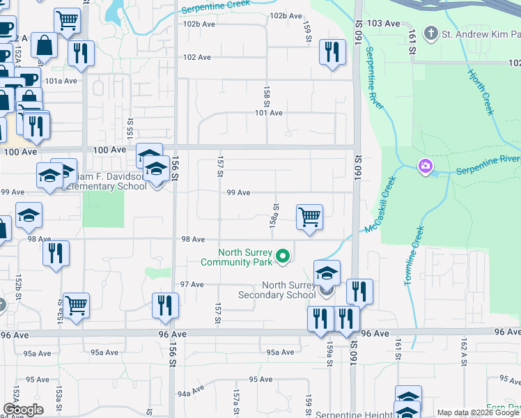map of restaurants, bars, coffee shops, grocery stores, and more near 15789 98A Avenue in Surrey