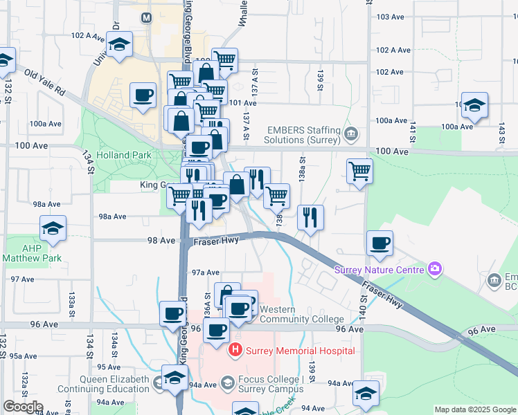 map of restaurants, bars, coffee shops, grocery stores, and more near 9830 Whalley Boulevard in Surrey