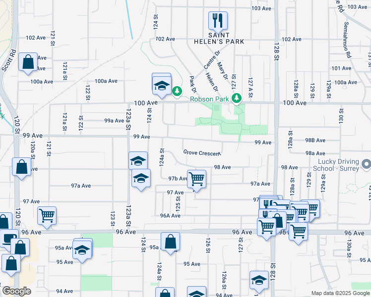 map of restaurants, bars, coffee shops, grocery stores, and more near 12521 Grove Crescent in Surrey