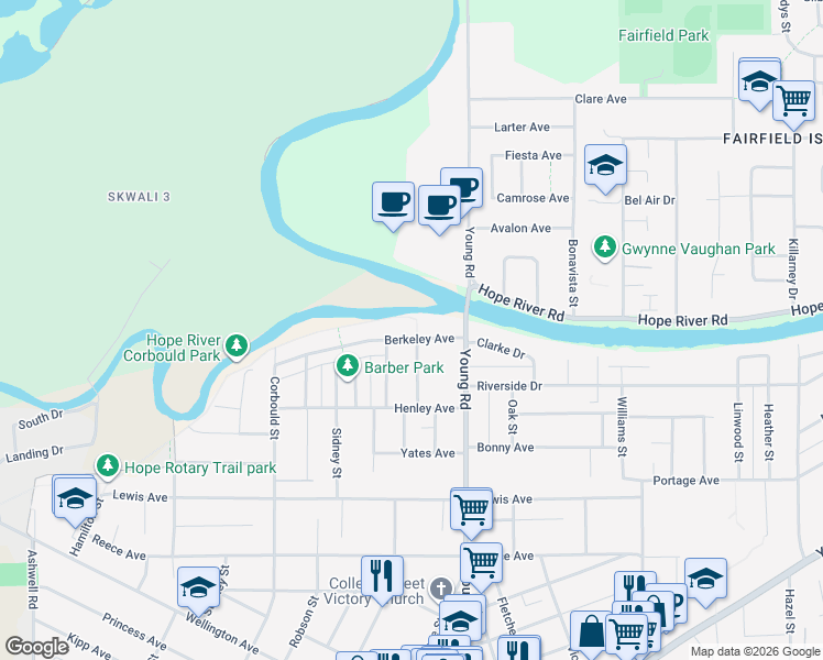 map of restaurants, bars, coffee shops, grocery stores, and more near 45883 Berkeley Avenue in Chilliwack