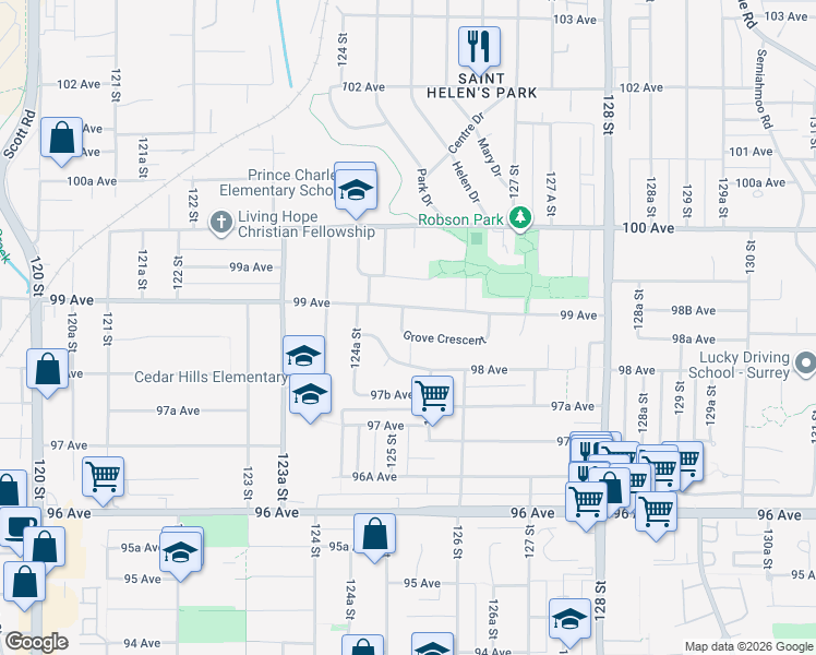 map of restaurants, bars, coffee shops, grocery stores, and more near 12521 Grove Crescent in Surrey