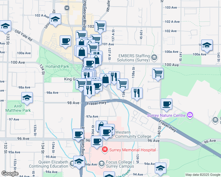 map of restaurants, bars, coffee shops, grocery stores, and more near in Surrey