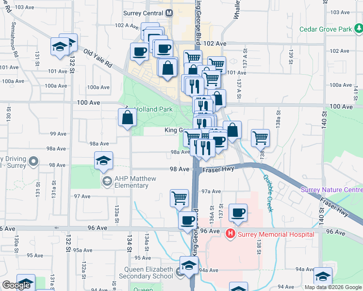 map of restaurants, bars, coffee shops, grocery stores, and more near 13573 98A Avenue in Surrey