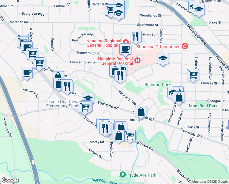 map of restaurants, bars, coffee shops, grocery stores, and more near 1527 Boundary Crescent in Nanaimo