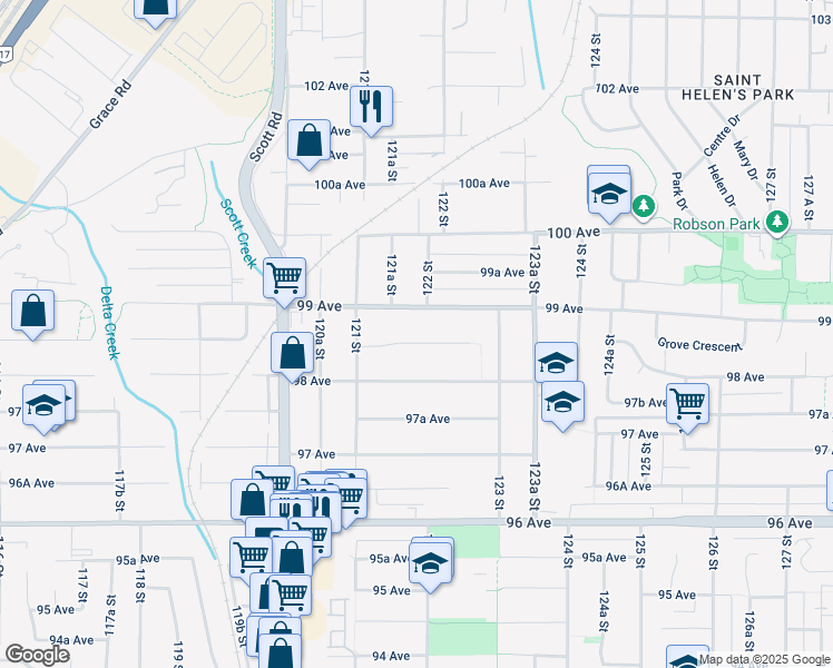 map of restaurants, bars, coffee shops, grocery stores, and more near 12185 98A Avenue in Surrey