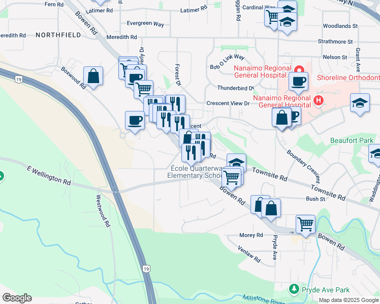 map of restaurants, bars, coffee shops, grocery stores, and more near 1713 Townsite Road in Nanaimo