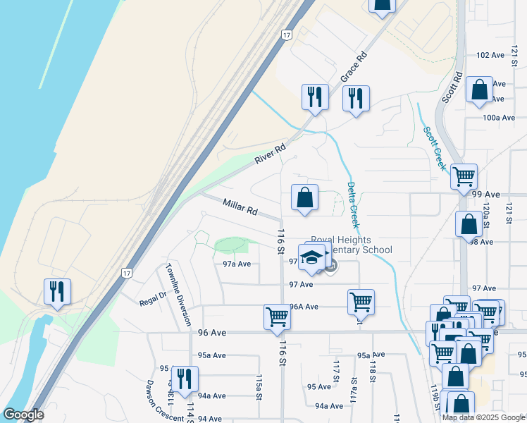 map of restaurants, bars, coffee shops, grocery stores, and more near 11559 Millar Road in Surrey