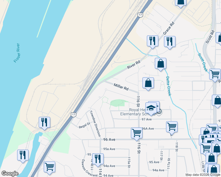 map of restaurants, bars, coffee shops, grocery stores, and more near 11443 Royal Crescent in Surrey