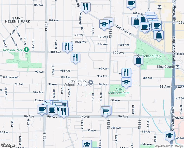 map of restaurants, bars, coffee shops, grocery stores, and more near 13093 98A Avenue in Surrey