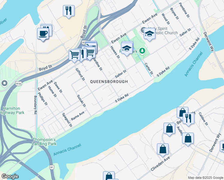map of restaurants, bars, coffee shops, grocery stores, and more near 108 Jardine Street in New Westminster