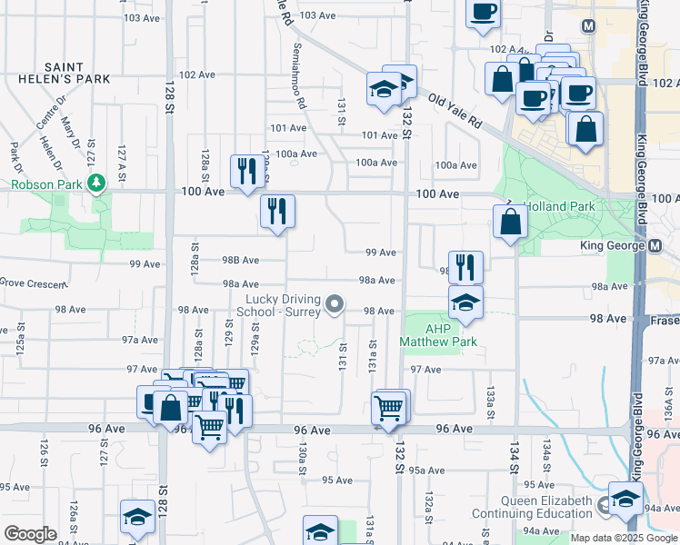 map of restaurants, bars, coffee shops, grocery stores, and more near 13093 98A Avenue in Surrey