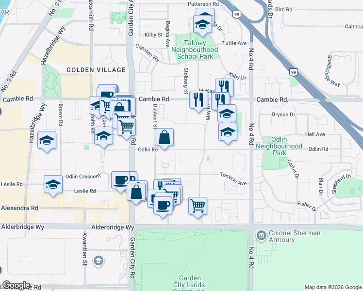 map of restaurants, bars, coffee shops, grocery stores, and more near 9399 Odlin Road in Richmond