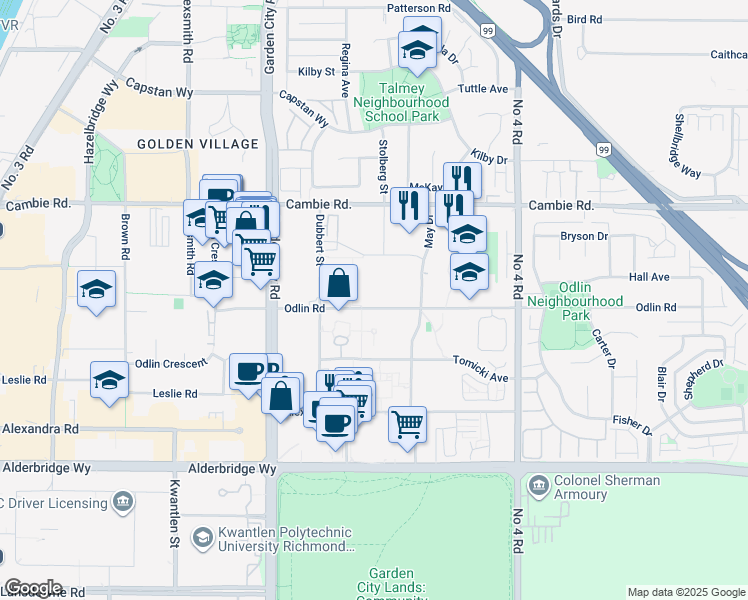 map of restaurants, bars, coffee shops, grocery stores, and more near 9399 Odlin Road in Richmond