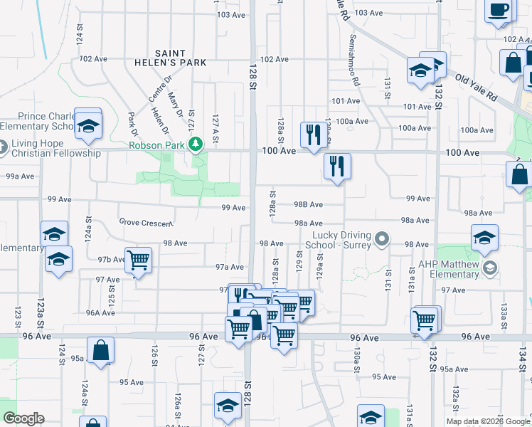map of restaurants, bars, coffee shops, grocery stores, and more near 9865 128A Street in Surrey