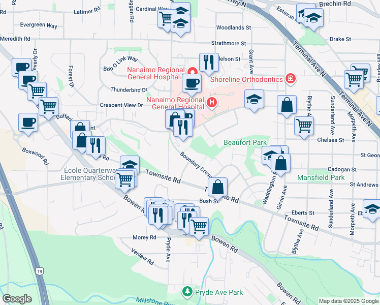map of restaurants, bars, coffee shops, grocery stores, and more near 1500 Boundary Crescent in Nanaimo