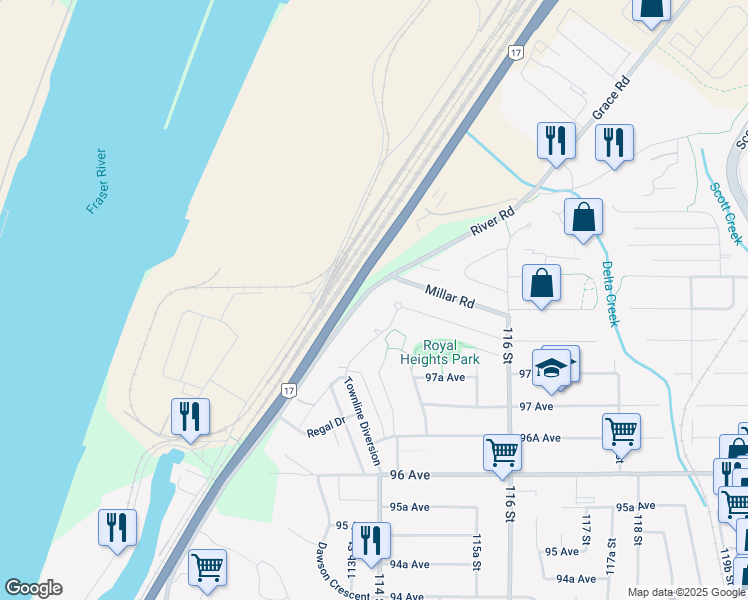 map of restaurants, bars, coffee shops, grocery stores, and more near 11378 River Road in Surrey