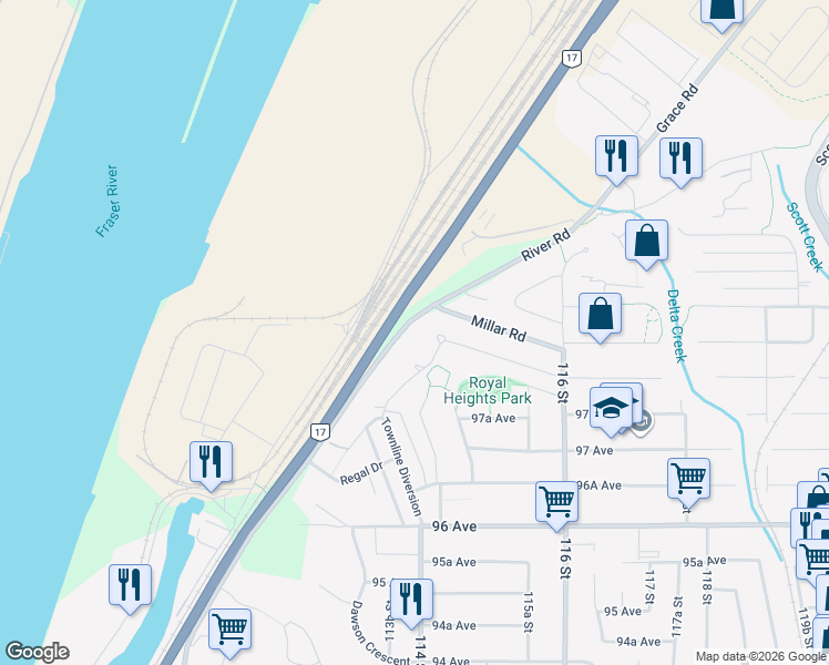 map of restaurants, bars, coffee shops, grocery stores, and more near in Surrey