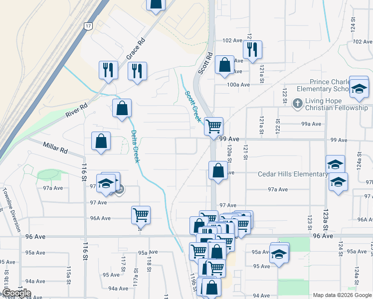 map of restaurants, bars, coffee shops, grocery stores, and more near 11923 98A Avenue in Surrey