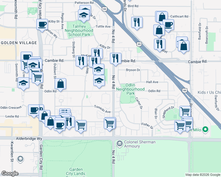 map of restaurants, bars, coffee shops, grocery stores, and more near 9811 Odlin Road in Richmond