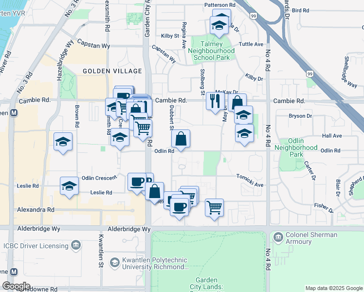 map of restaurants, bars, coffee shops, grocery stores, and more near 9271 Odlin Road in Richmond