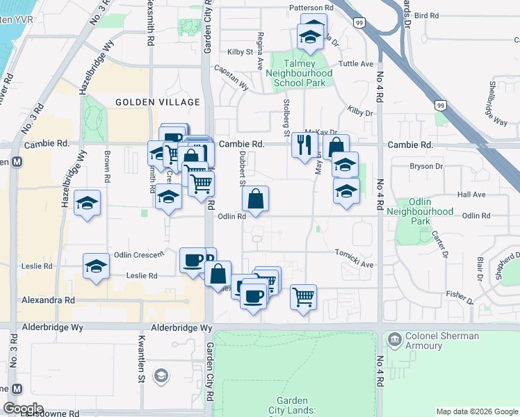 map of restaurants, bars, coffee shops, grocery stores, and more near 9271 Odlin Road in Richmond