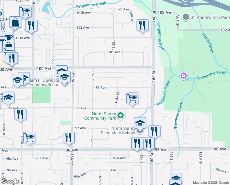 map of restaurants, bars, coffee shops, grocery stores, and more near 9881 158 Street in Surrey