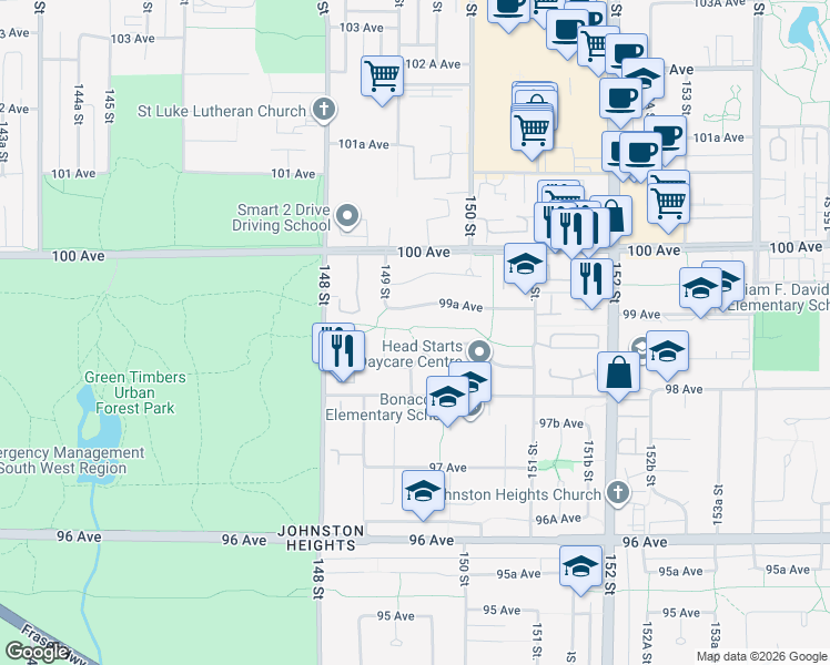 map of restaurants, bars, coffee shops, grocery stores, and more near 9886 149B Street in Surrey