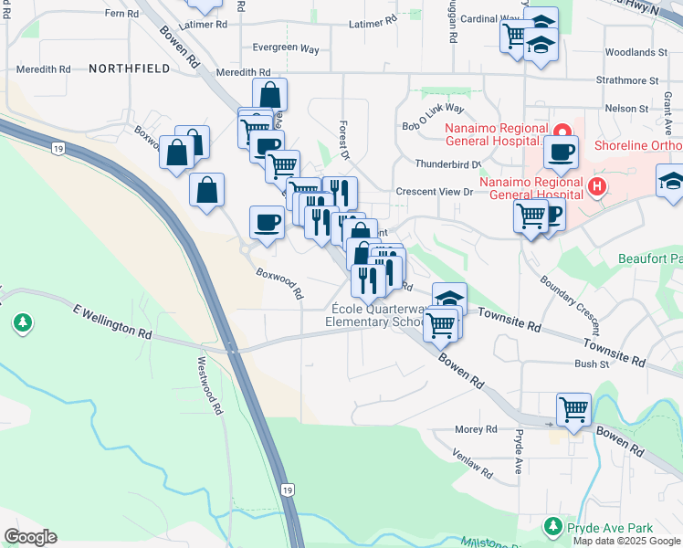 map of restaurants, bars, coffee shops, grocery stores, and more near in Nanaimo