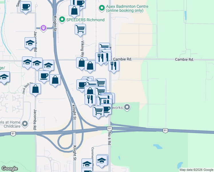 map of restaurants, bars, coffee shops, grocery stores, and more near 4471 Number 6 Road in Richmond
