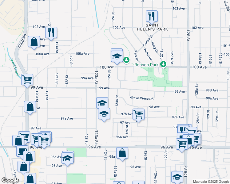map of restaurants, bars, coffee shops, grocery stores, and more near 9871 124A Street in Surrey