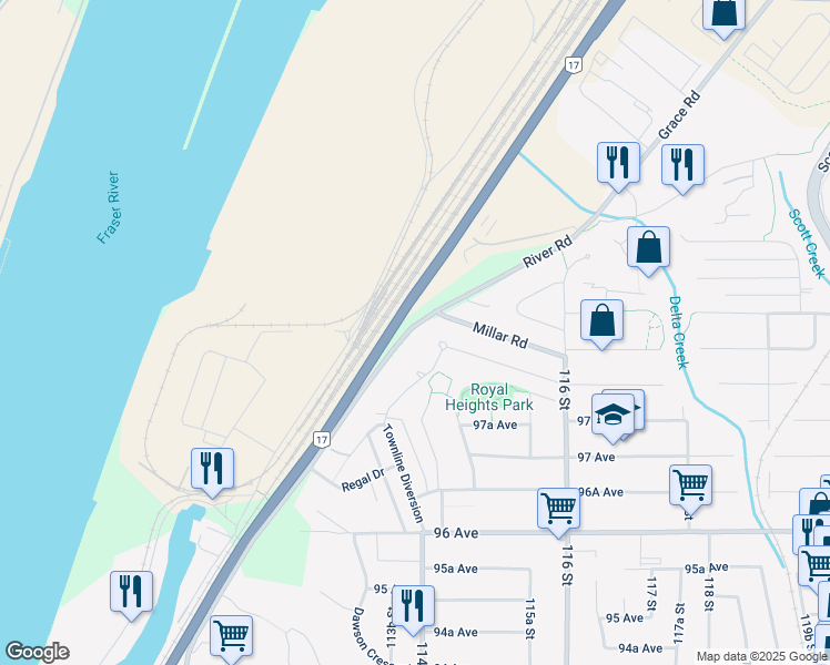 map of restaurants, bars, coffee shops, grocery stores, and more near 11380 River Road in Surrey