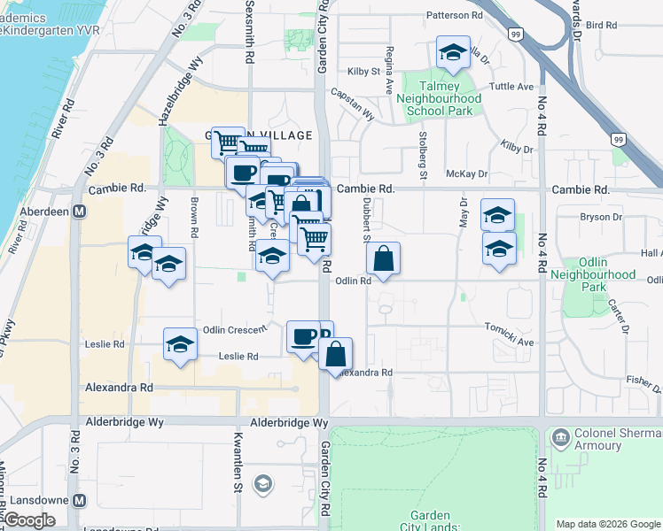 map of restaurants, bars, coffee shops, grocery stores, and more near 4360 Garden City Road in Richmond