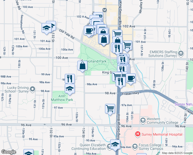 map of restaurants, bars, coffee shops, grocery stores, and more near 13466 98B Avenue in Surrey