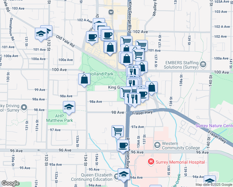 map of restaurants, bars, coffee shops, grocery stores, and more near 13530 135A Street in Surrey