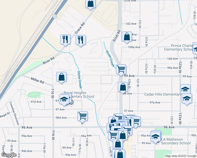 map of restaurants, bars, coffee shops, grocery stores, and more near 9889 118B Street in Surrey