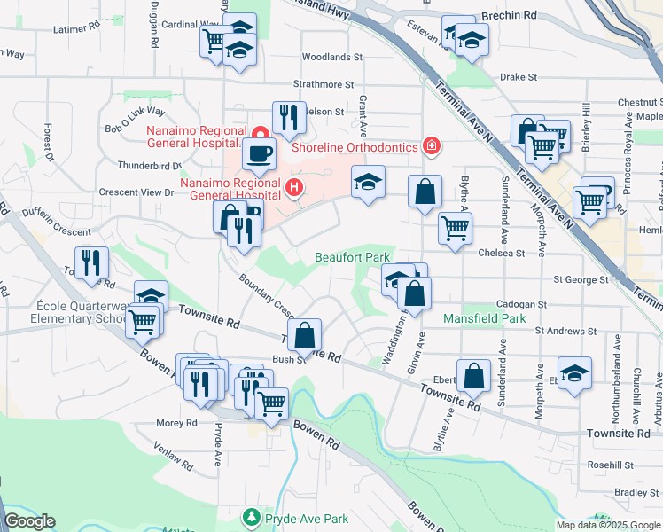 map of restaurants, bars, coffee shops, grocery stores, and more near Lorne Place in Nanaimo