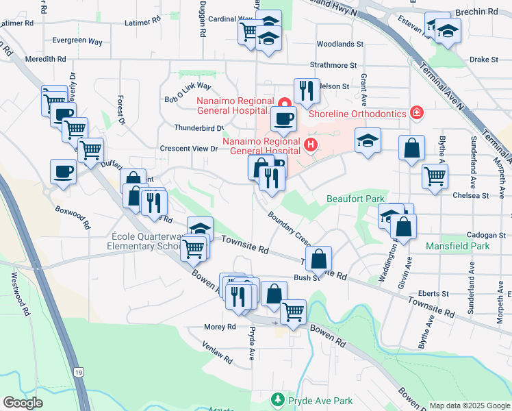 map of restaurants, bars, coffee shops, grocery stores, and more near 1527 Boundary Crescent in Nanaimo
