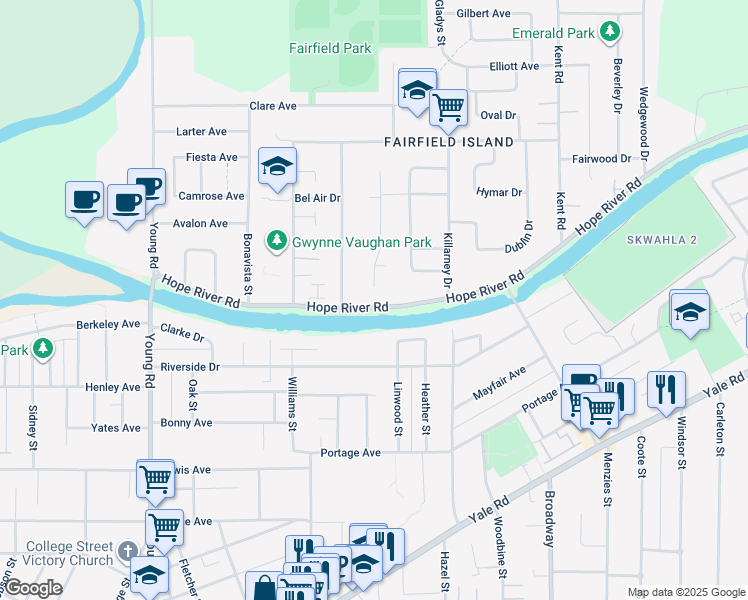 map of restaurants, bars, coffee shops, grocery stores, and more near 46329 Hope River Road in Chilliwack