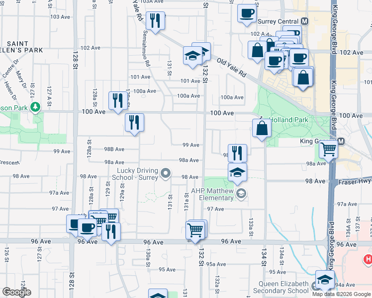 map of restaurants, bars, coffee shops, grocery stores, and more near 13160 99 Avenue in Surrey